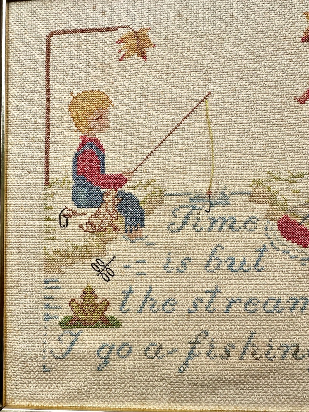 Vtg Framed Handmade Counted Cross-Stitch "Time Is But the stream I go a-fishing" - Picture 6 of 7